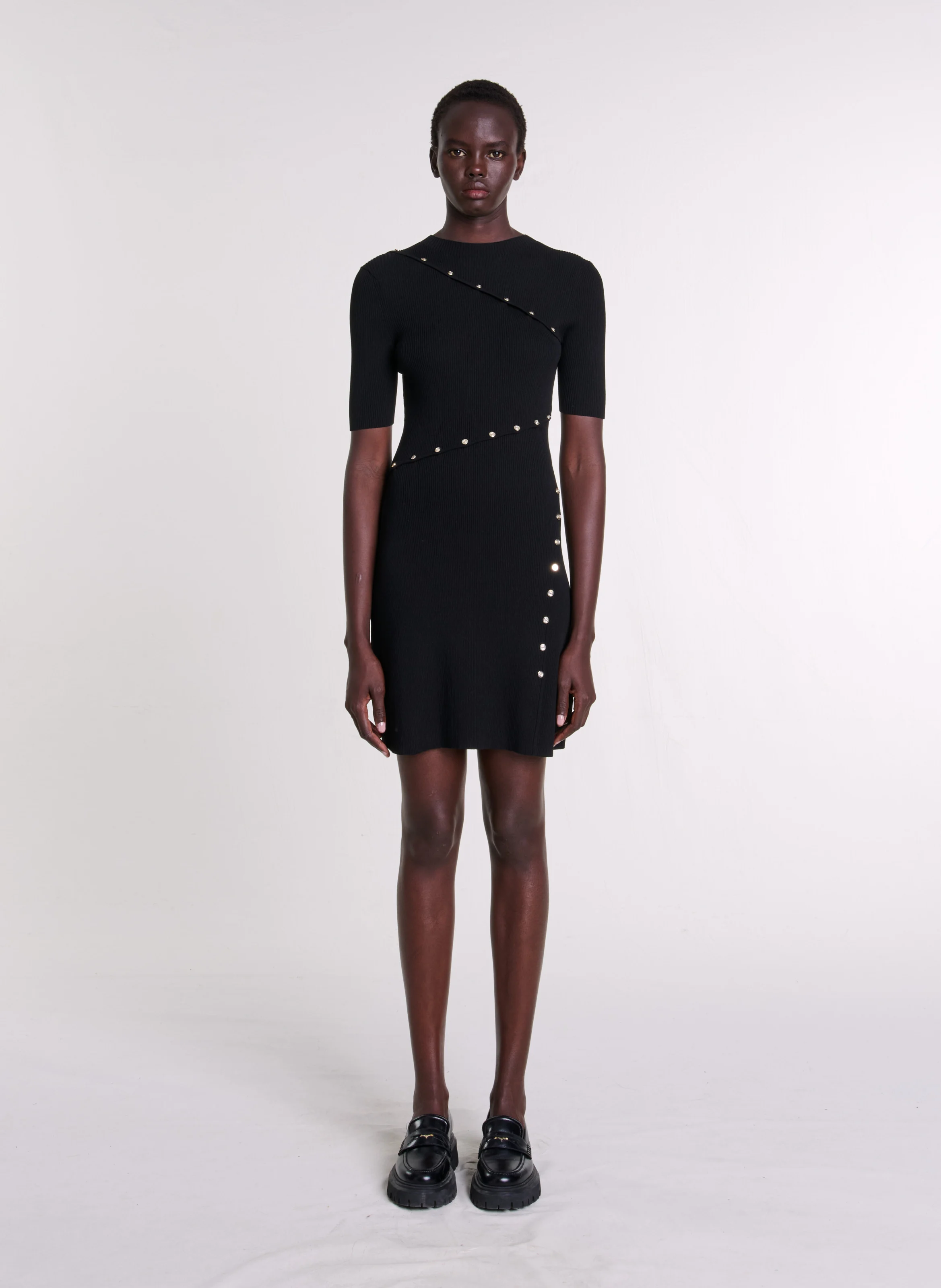 Robe courte col rond en maille | Noir