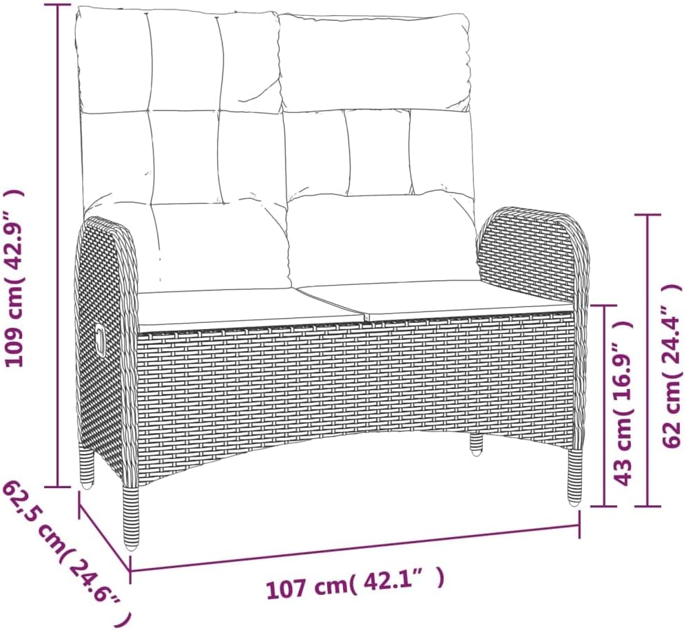 vidaXL Gartenbank, Sitzbank mit Liegefunktion Kissen, Parkbank Verstellbare Rückenlehne Stahlrahmen, Gartenmöbel Bank, 107cm Poly Rattan Grau