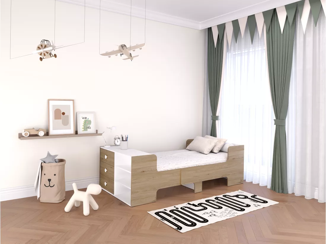 Lit évolutif 90 x 140/170/200 cm avec rangements - Coloris : Naturel et blanc - GAROLIO