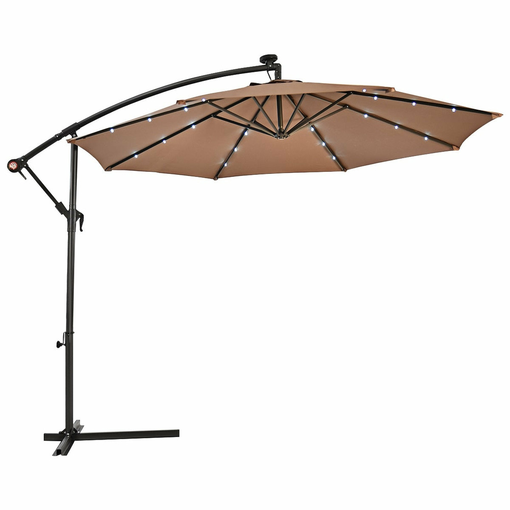 Parasol 3 m déporté excentré avec 24 led lampe solaire fait en polyester imperméable hauteur 245cm 8 baleines en fer marron 2