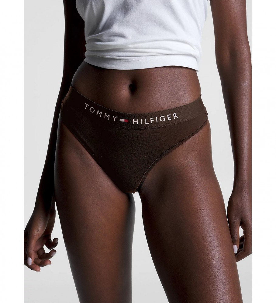 Calcinha fio dental Tommy Hilfiger com logo na cintura, preta.