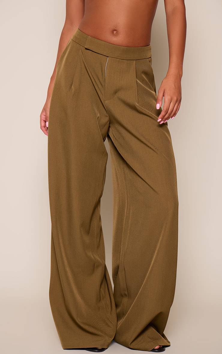 Vert Olive Pantalon Large Plissé Taille Basse Coordonné