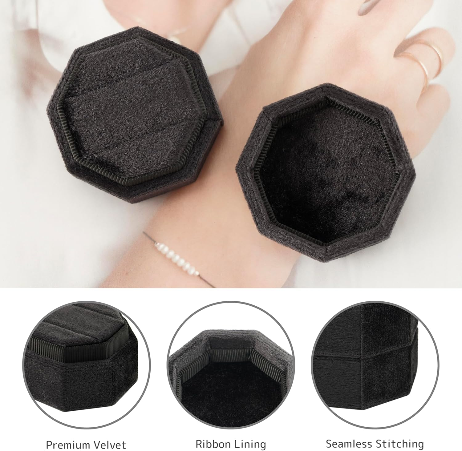 (50mm) Samt Ringschatulle Schmuck Organizer Box für 2 Ringe - Schwarz