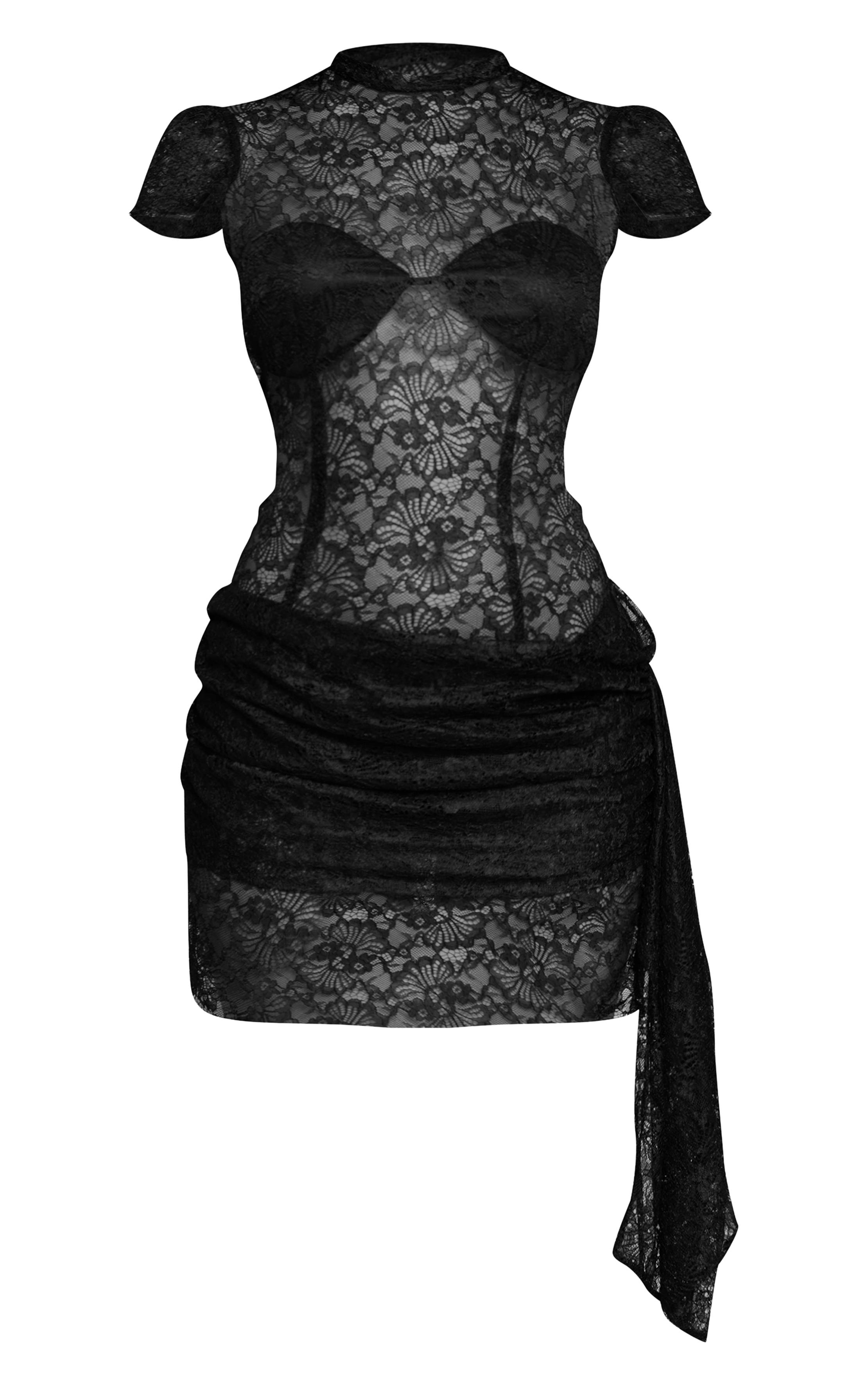 Noir Robe Courte En Dentelle À Manches Courtes Avec Détail Drapé