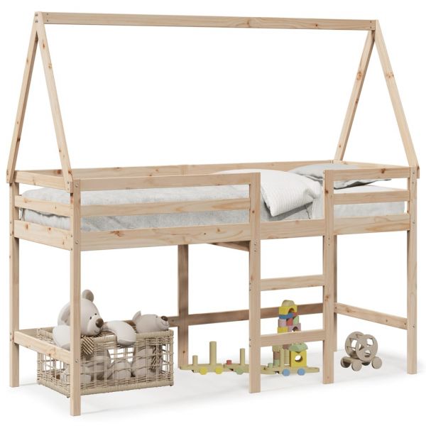 vidaXL Cama Alta com Escada e Telhado 80x200 cm Pinho Maciço - 1819769817