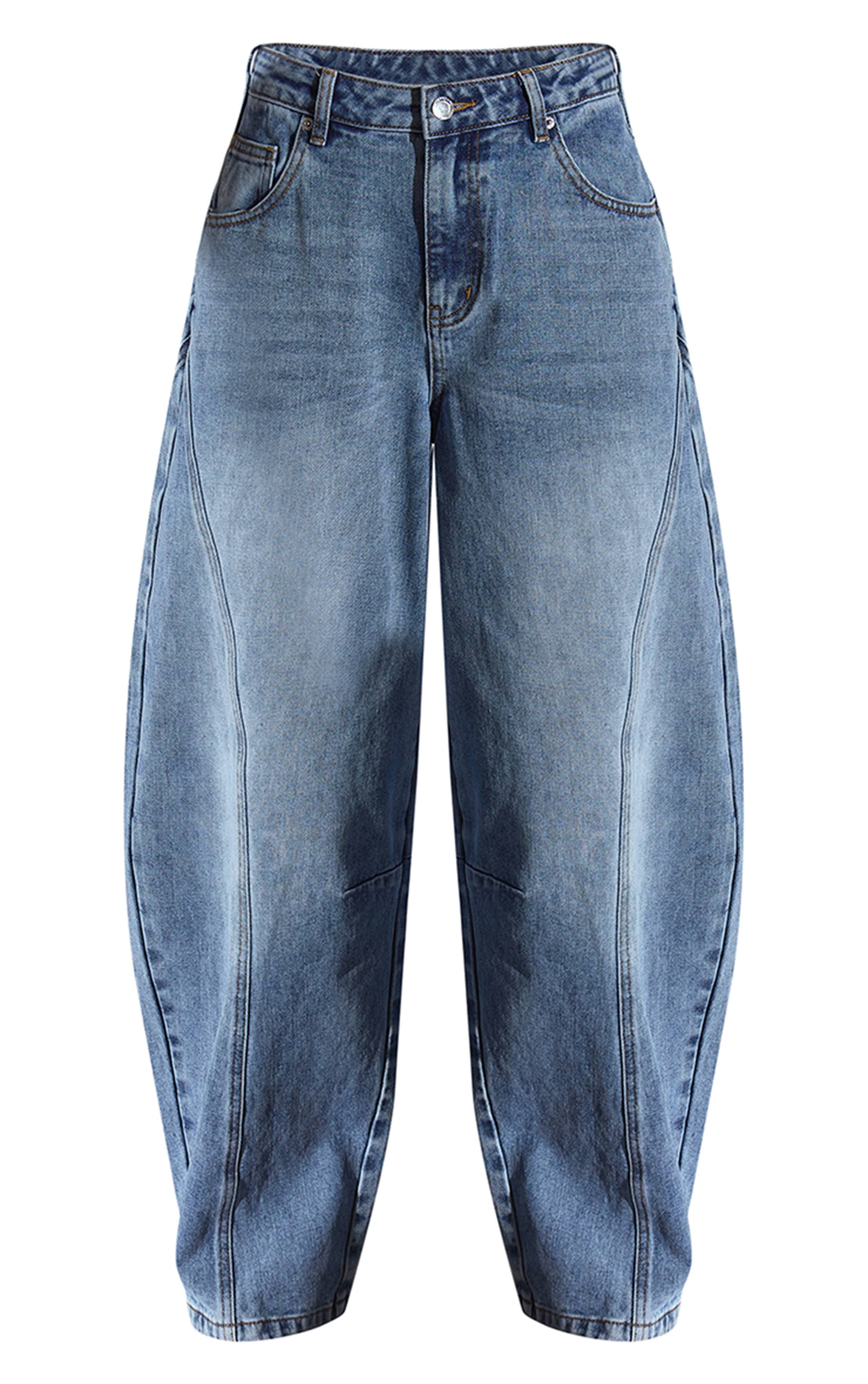 Mid Blue Wash Jean Barrel À Détails De Coutures