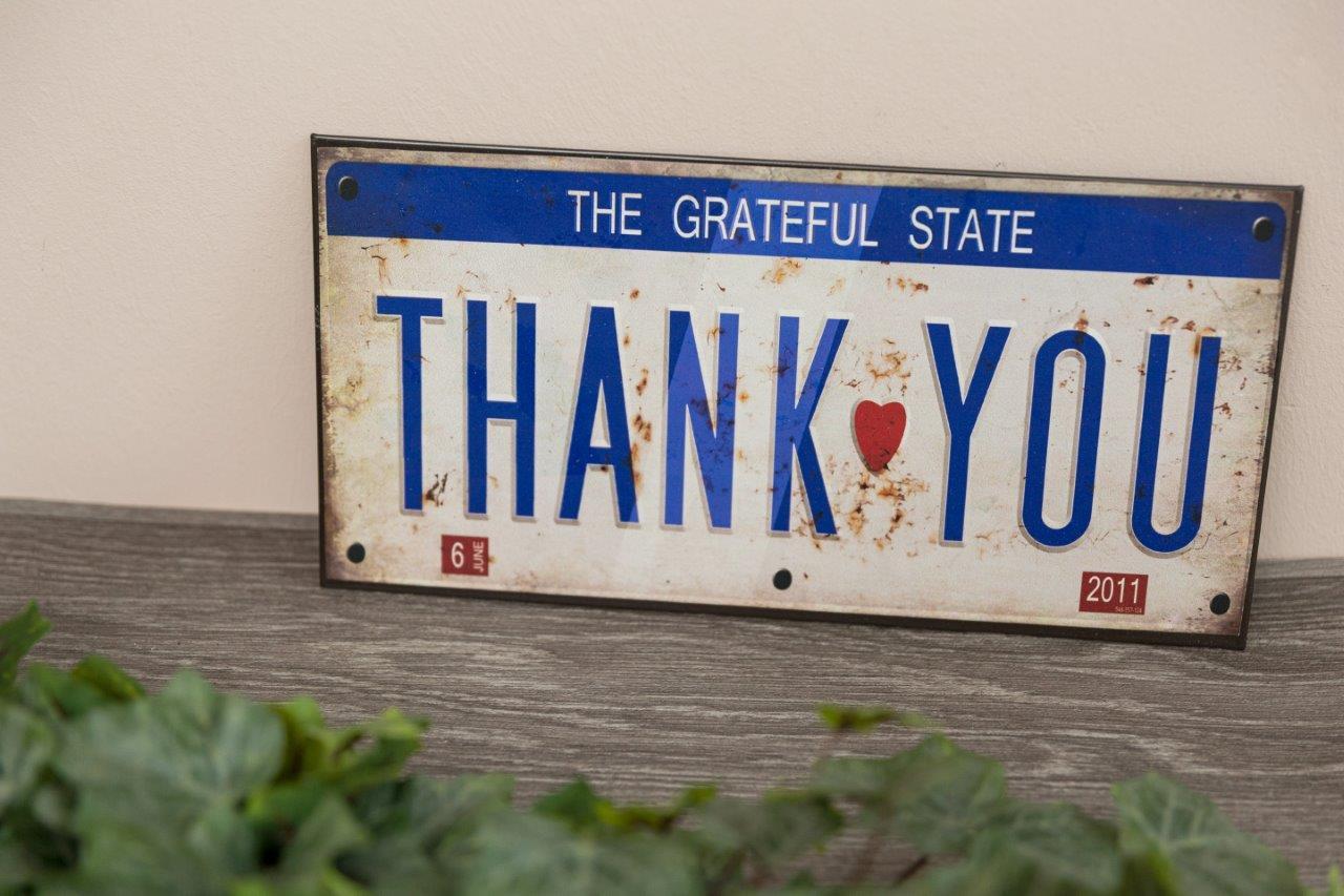 Metallschild Grateful State - blau-weiß - Retro-Design - 30 cm breit
