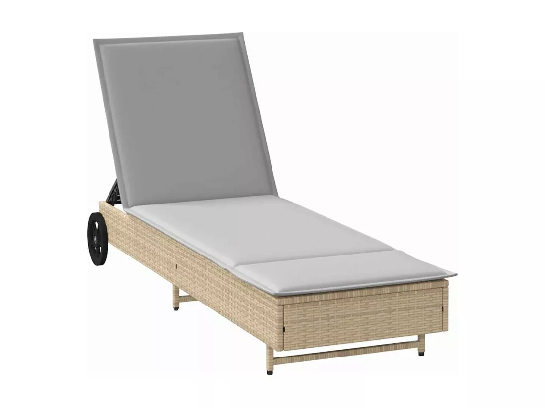 Chaise longue avec roues et coussin beige résine tressée