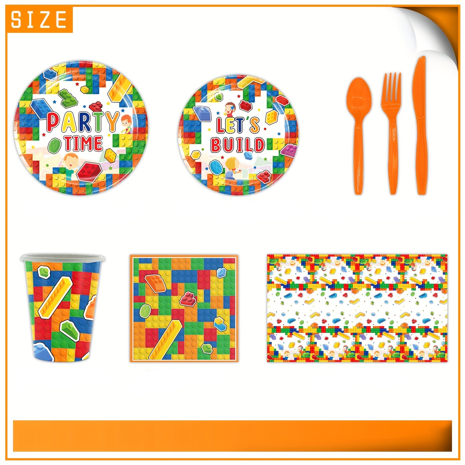 (81-tlg. Set) Let's Build Einweg Geschirr Kinder Geburtstags Party Tisch Deko inkl. Teller / Servietten / Papp Becher / Besteck - Bausteine / Bunt