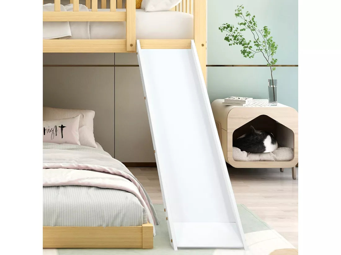Lit superposé 2x90x200cm en bois massif - avec escalier de rangement et toboggan - sommiers à lattes - Naturel