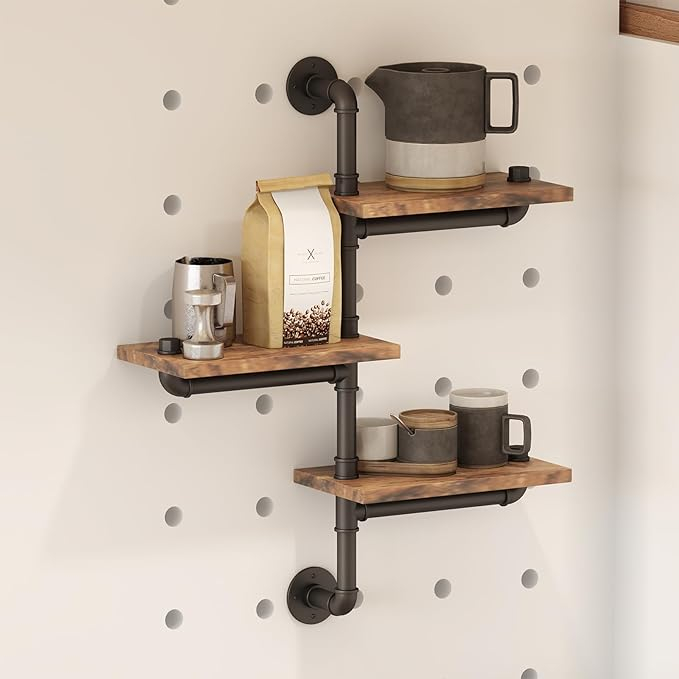 (82x62cm) Industrial Wandregal Loft Home Deko Regal Schwebendes Rohrregal mit 3 Ebenen - Braun / Schwarz