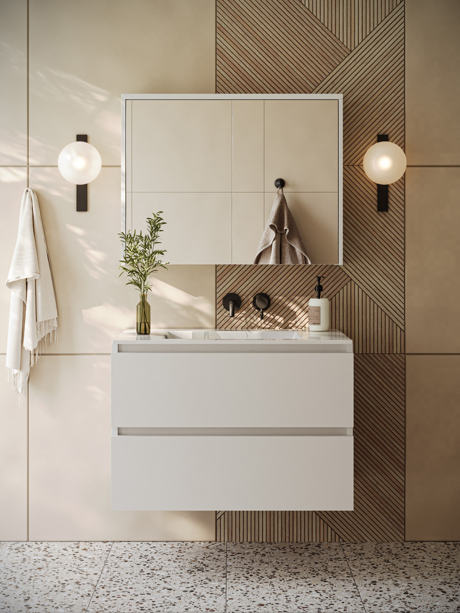 Fontana Rovigo badmeubel 80cm wit mat met witte wastafel zonder kraangat en spiegelkast zonder verlichting