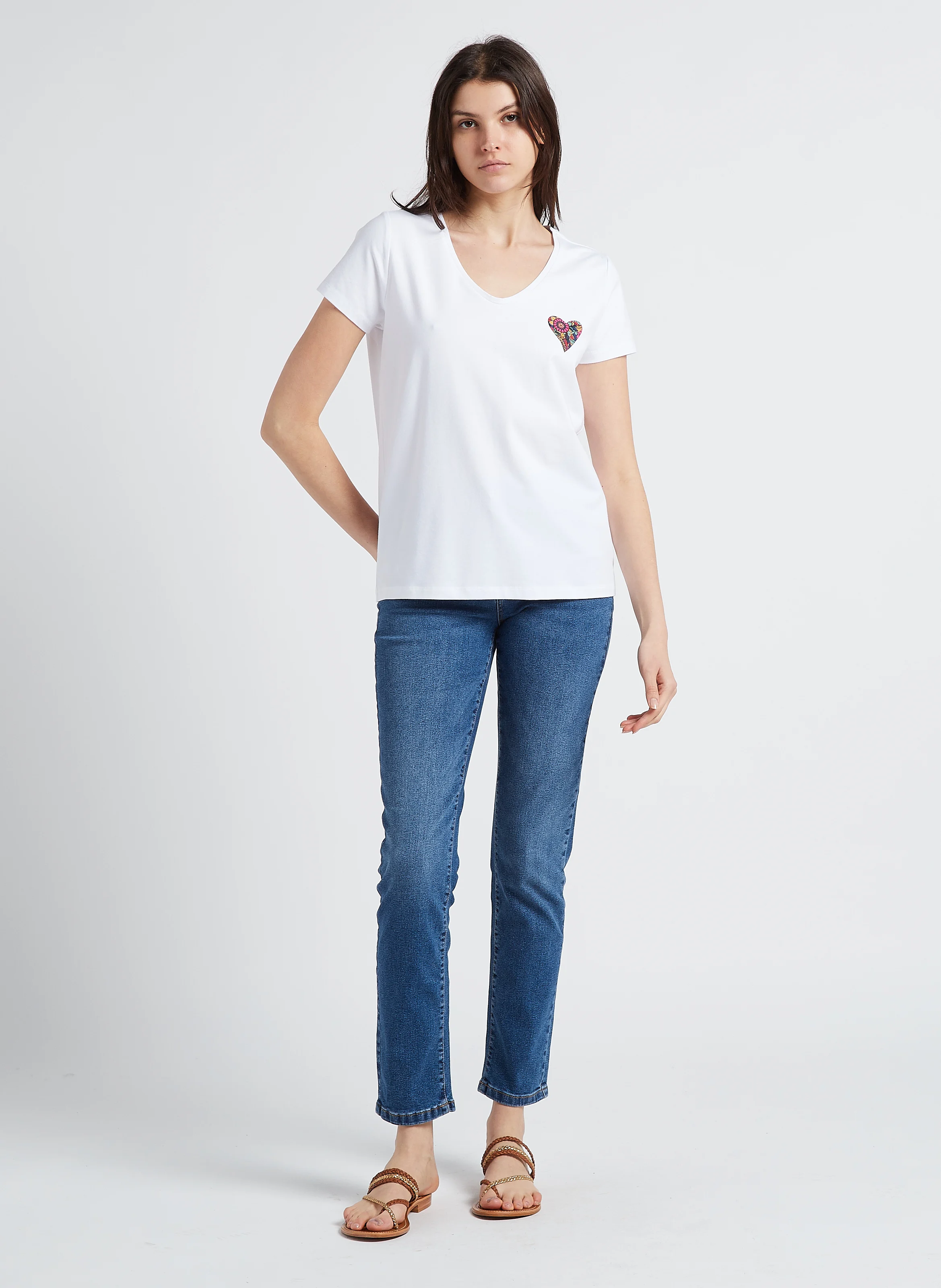 Jean droit taille mi-haute en denim de coton| Bleu