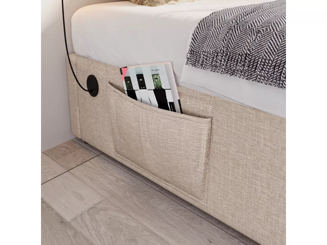 Lit coffre 90 x 200 cm sans tête de lit - 2 poches latérales et prises USB + Type-C - Tissu en lin - Beige (sans matelas)