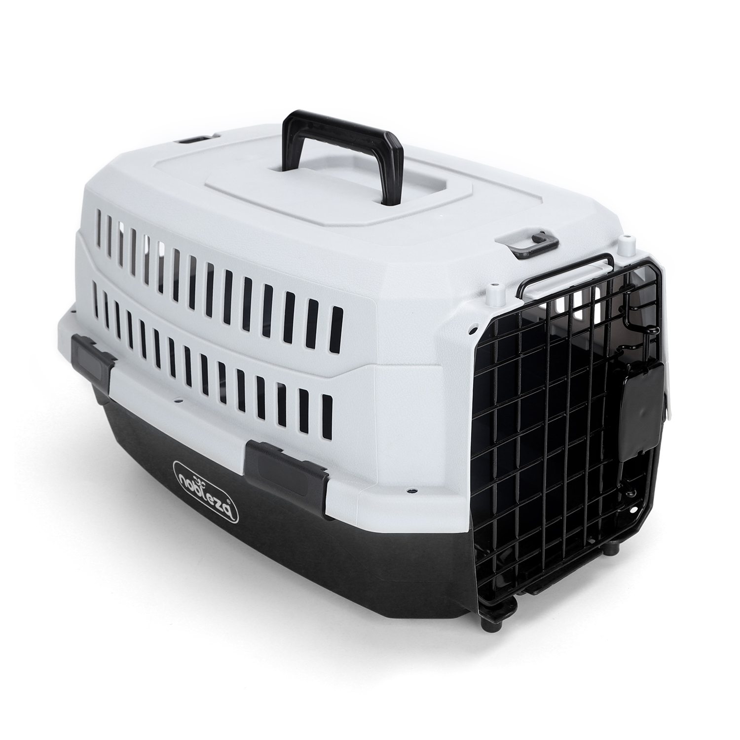 Transportadora Nobleza de plástico preta e cinza para cães e gatos.