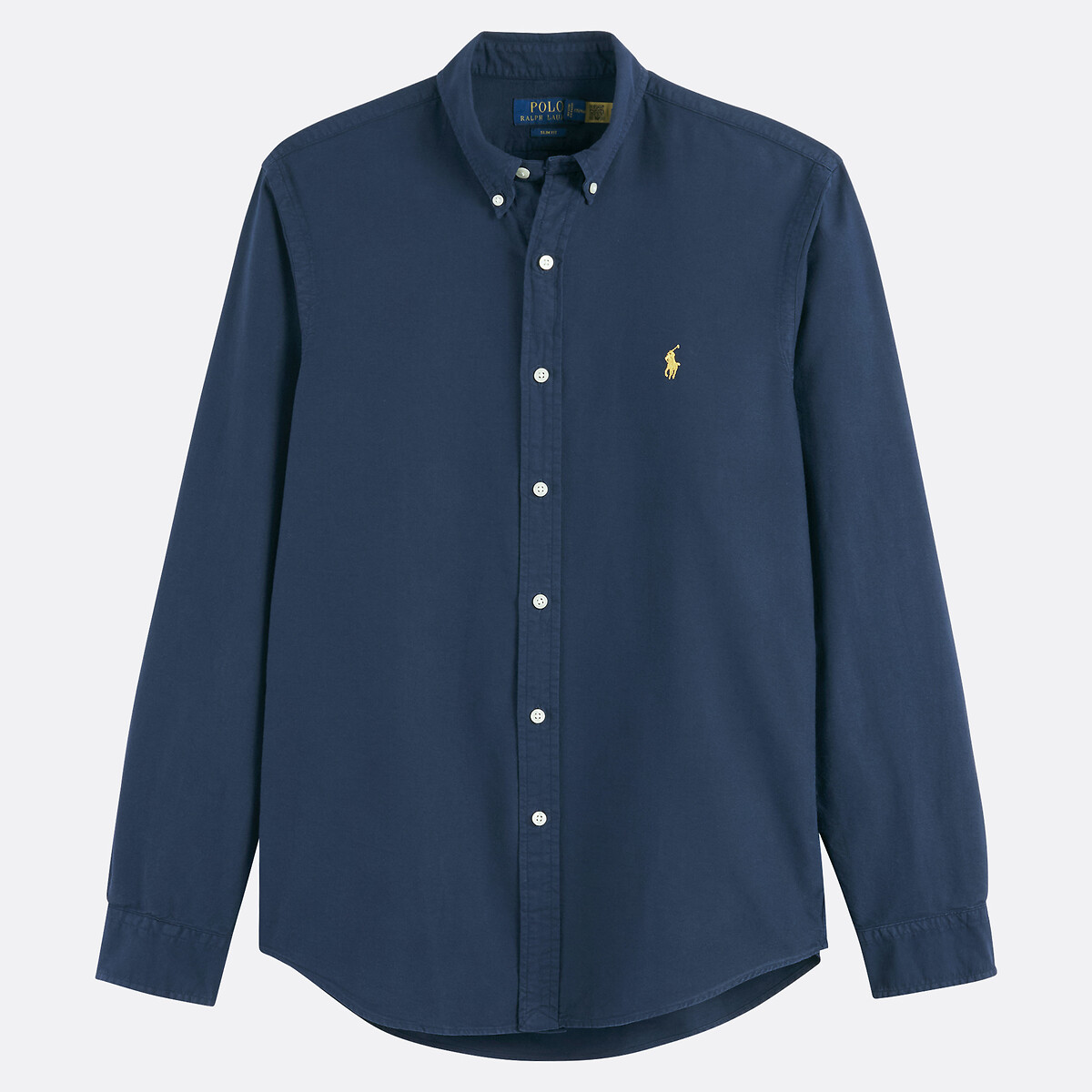 POLO RALPH LAUREN<br>Camisa Oxford lisa e slim, com logotipo bordado