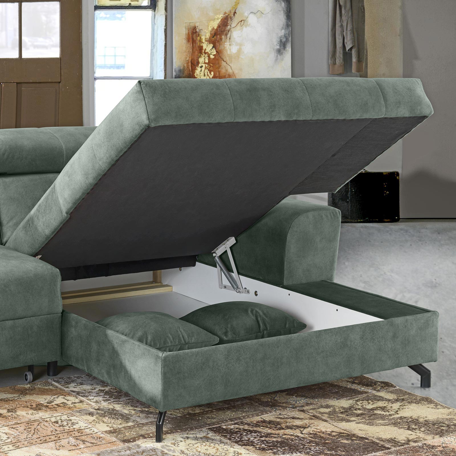 Ecksofa - mint - Samt - mit Liegefunktion - Recamiere rechts