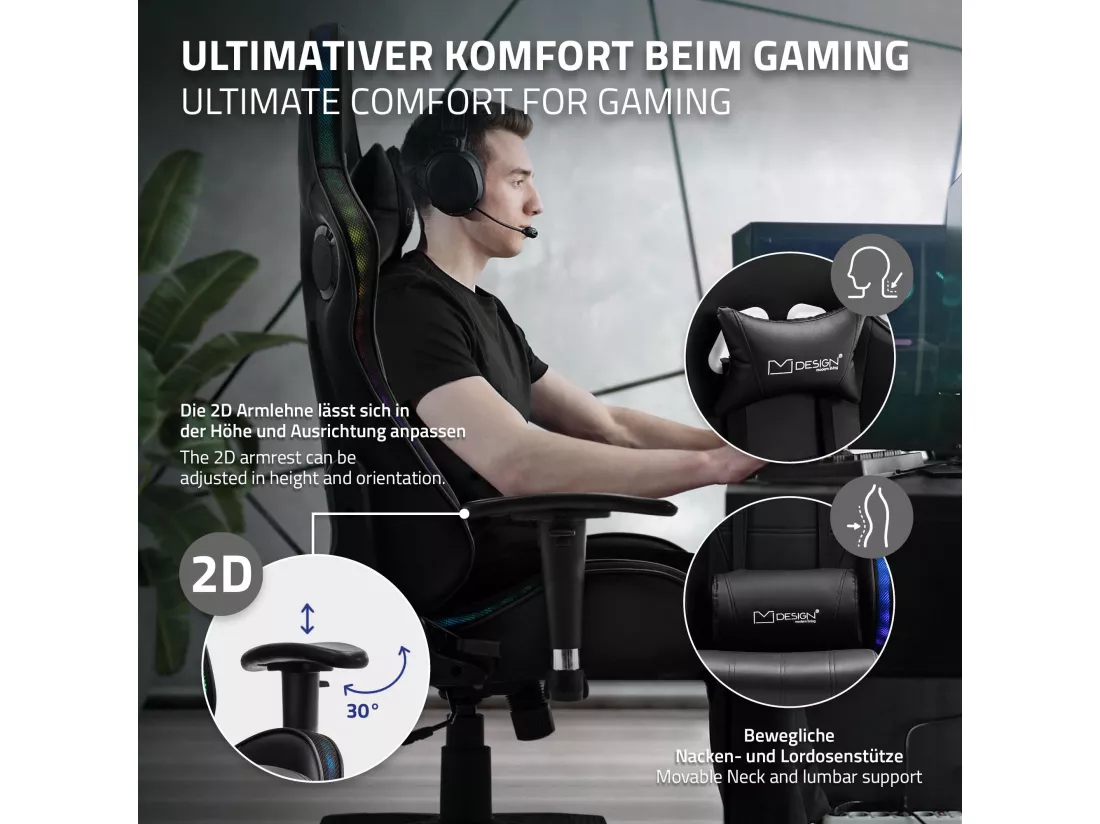Chaise de jeu ergonomique avec LEDs fauteuil de bureau noir avec bluetooth boxes
