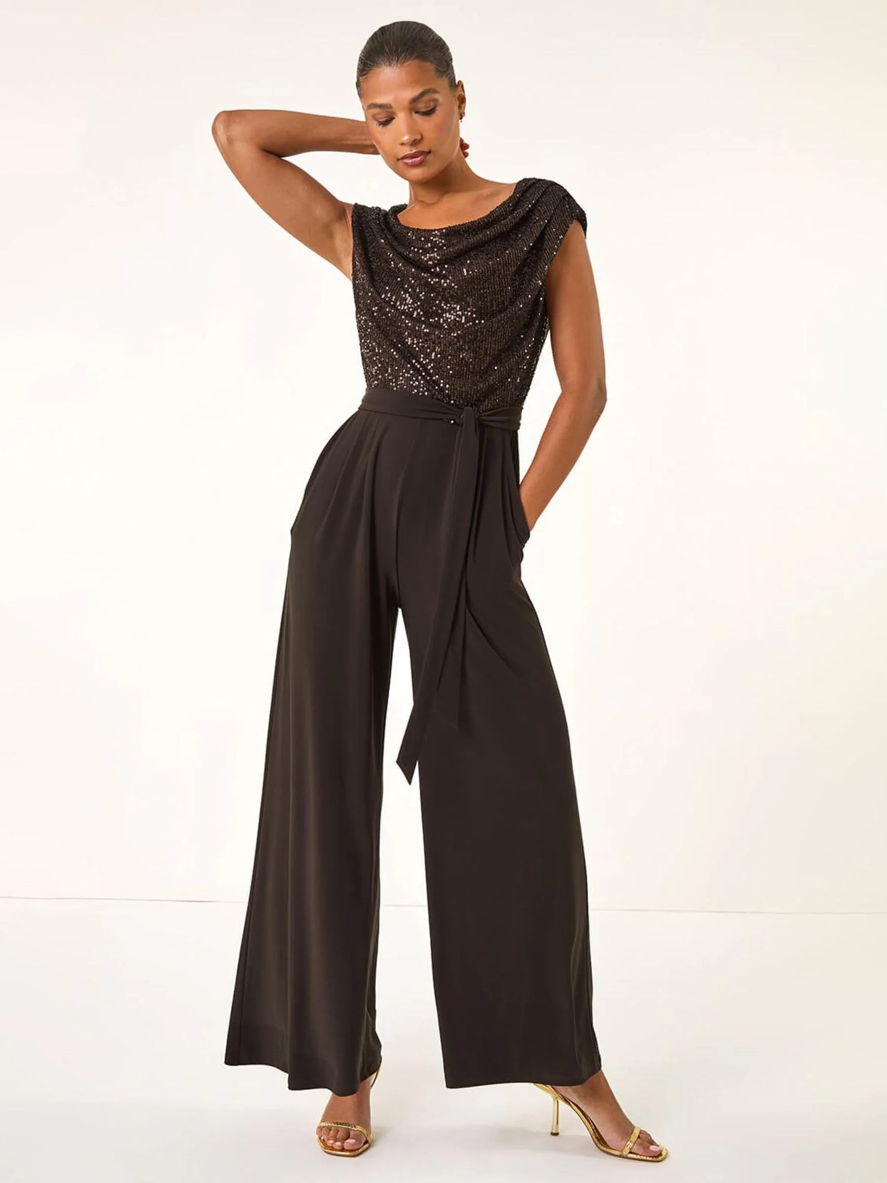 Bruin - Roman Paillettenlijfje met Watervalhals Jumpsuit