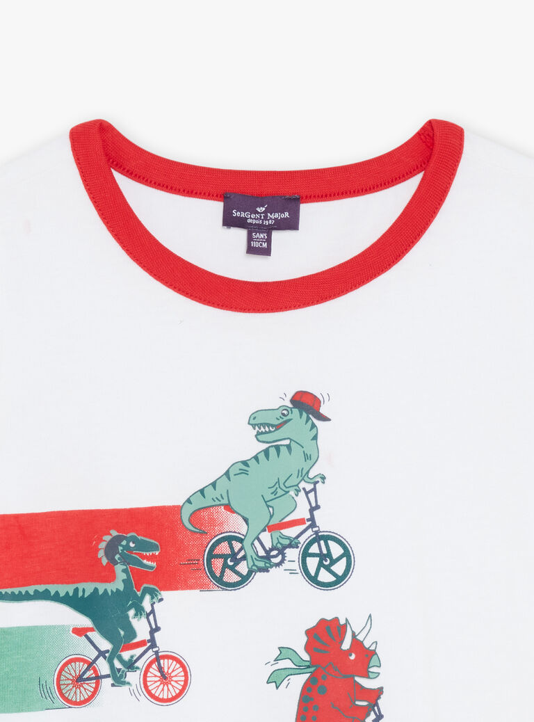 T-shirt blanc avec dinosaures sur des vélos