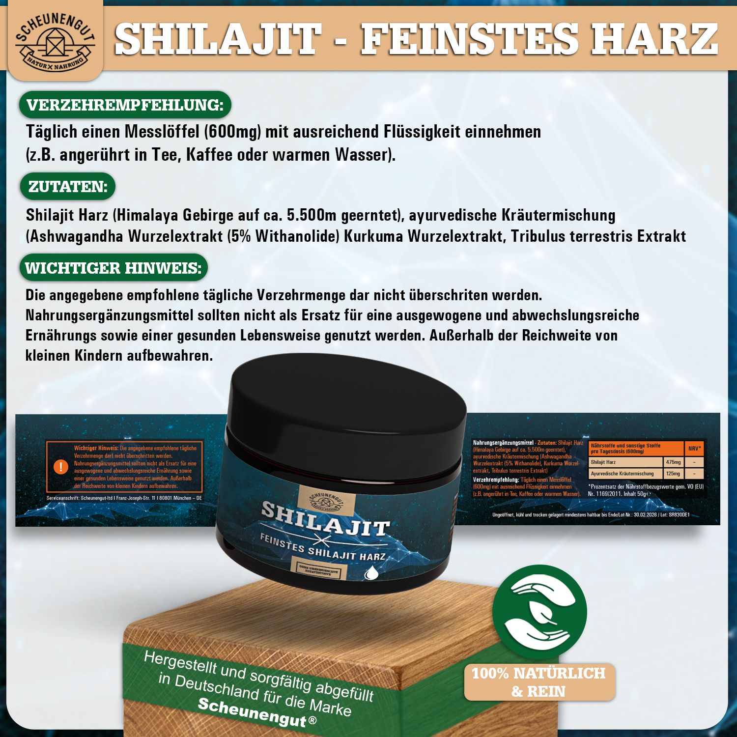 Scheunengut® Shilajit Harz | Das Original mit Dosierlöffel im Glastiegel