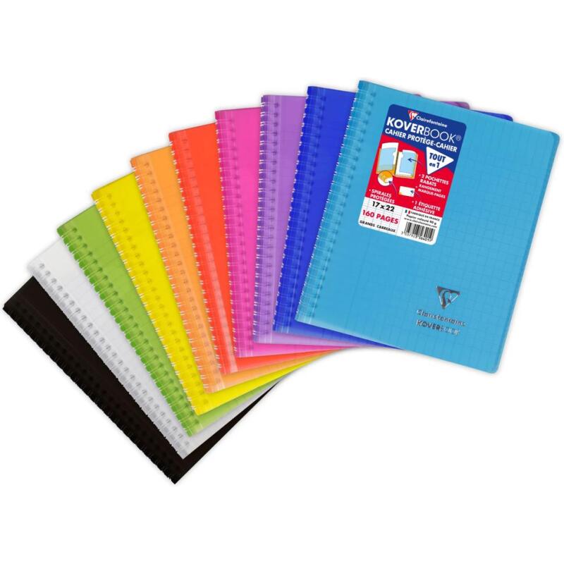 Cahier reliure intégrale enveloppante Koverbook 17x22cm 160 pages grands carreaux couverture polypropylène transparent - Assortis
