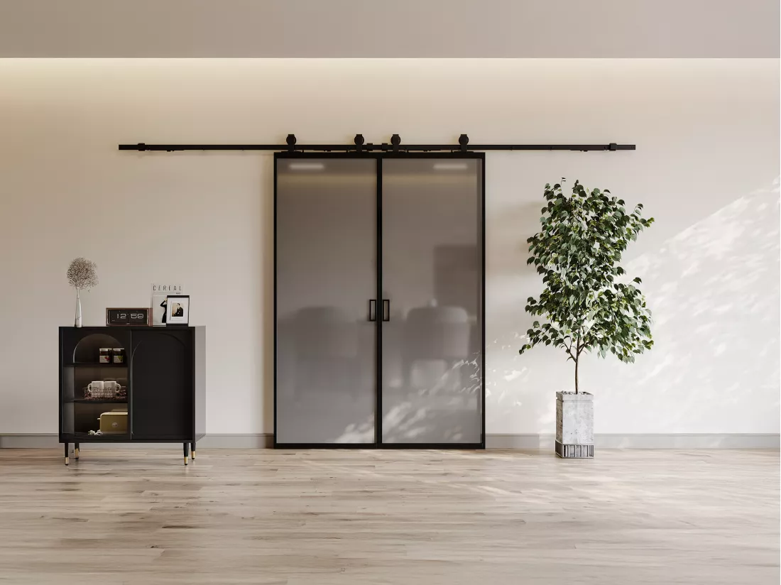 Porte coulissante double avec système en applique - aluminium et verre trempé fumé dépoli - 2 x H205 x L83 cm - LINCI II