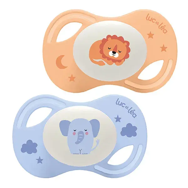 Luc et Léa Collection 2 Sucettes Nuit Anatomique Tétine Extra-slim +18 mois Lion Eleph