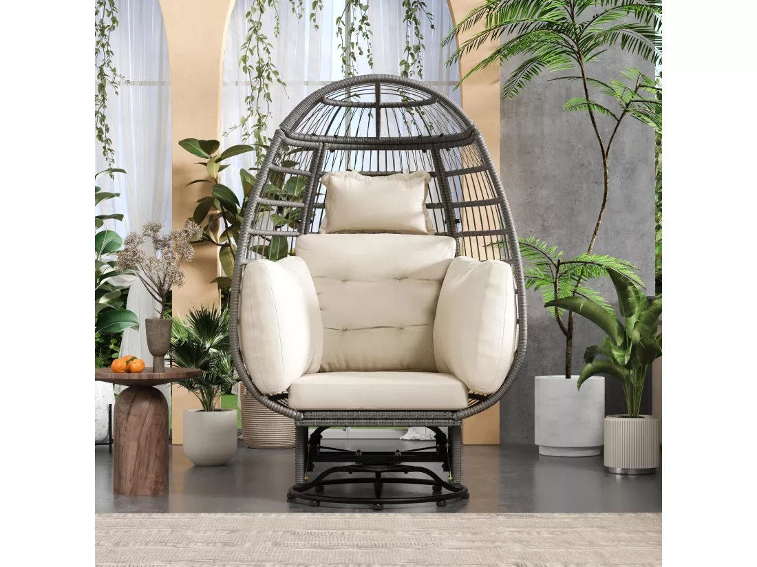 Chaise œuf de jardin - pivotante à 360° et inclinable vers l'avant et vers l'arrière - avec coussins blancs - acier galvanisé et rotin