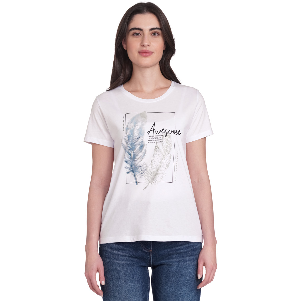Gina Damen T-Shirt mit großem Print weiss