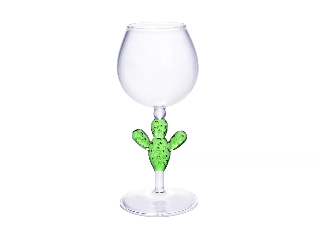 Lot de 4 verres à vin avec pieds cactus - Transparent et vert - D. 8.5 x H . 19.5 cm - GELLIF