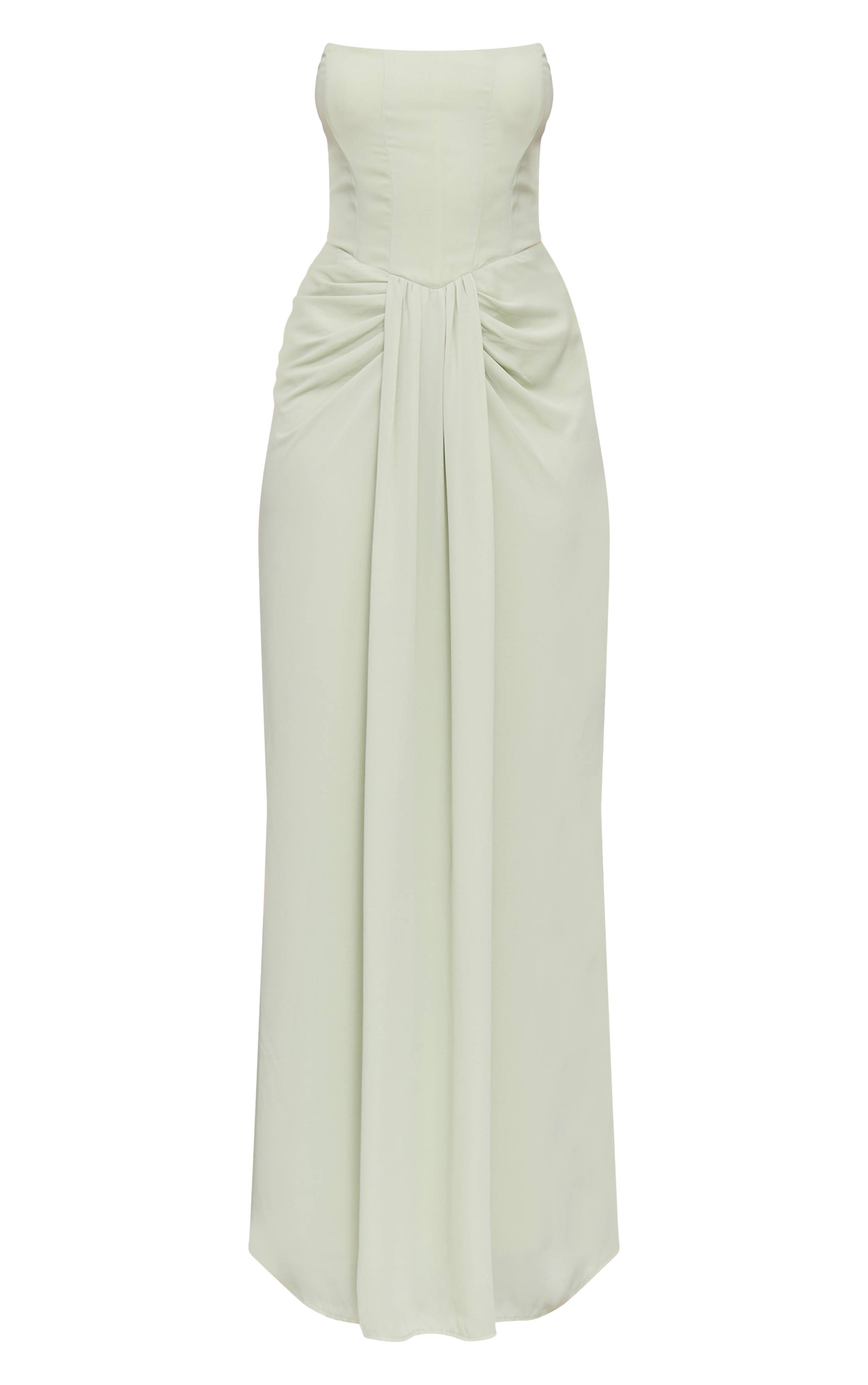 Vert Sauge Robe Longue Drapée À Détail Corset Bandeau