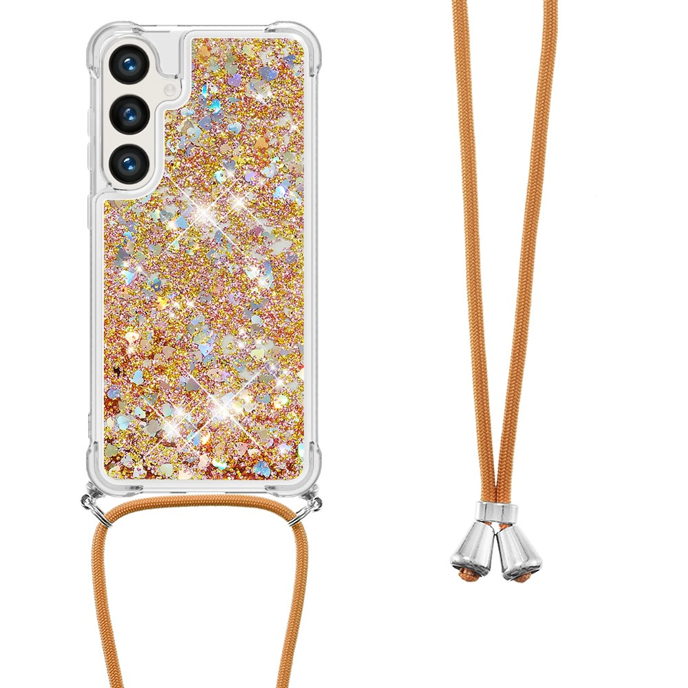 Samsung Galaxy S24 Necklace Gummi Hülle Liquid Glitzer   Handykette (130cm) - Braun / Gold