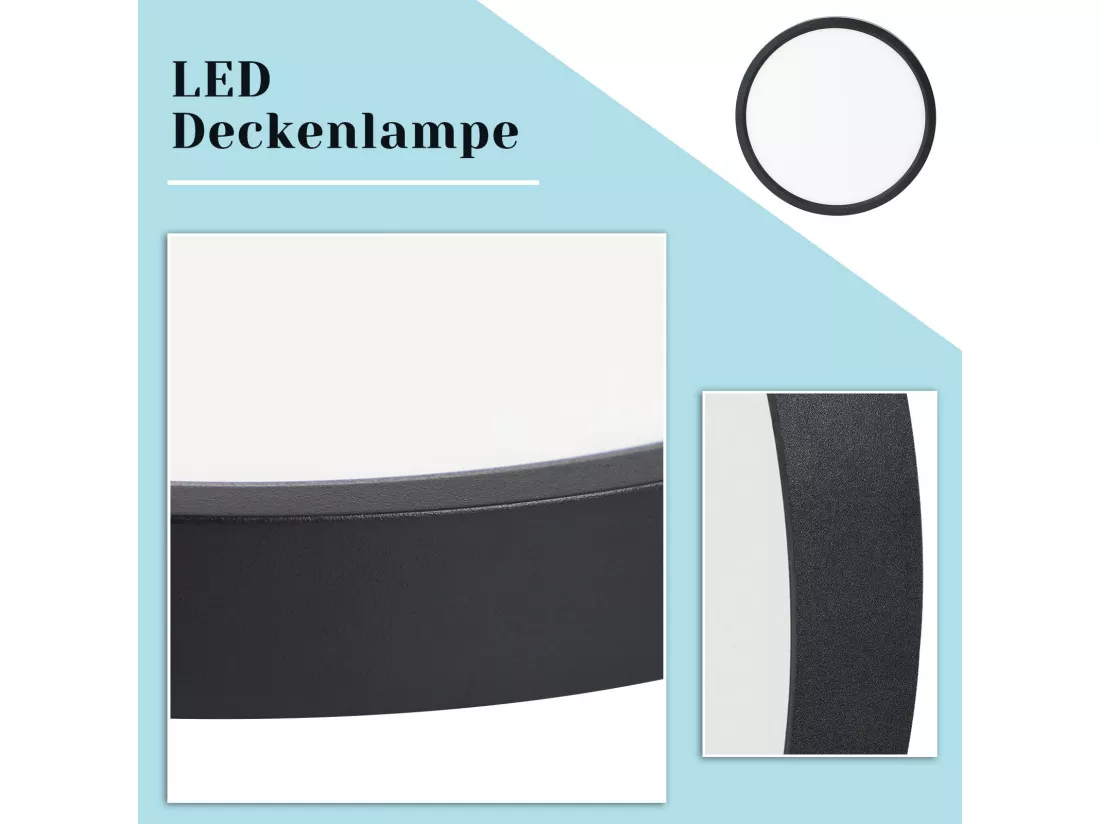 NETTLIFE Plafonnier LED plat 18 cm - 15 W, Noir, 6000 K - Éclairage moderne cuisine, couloir, chambre