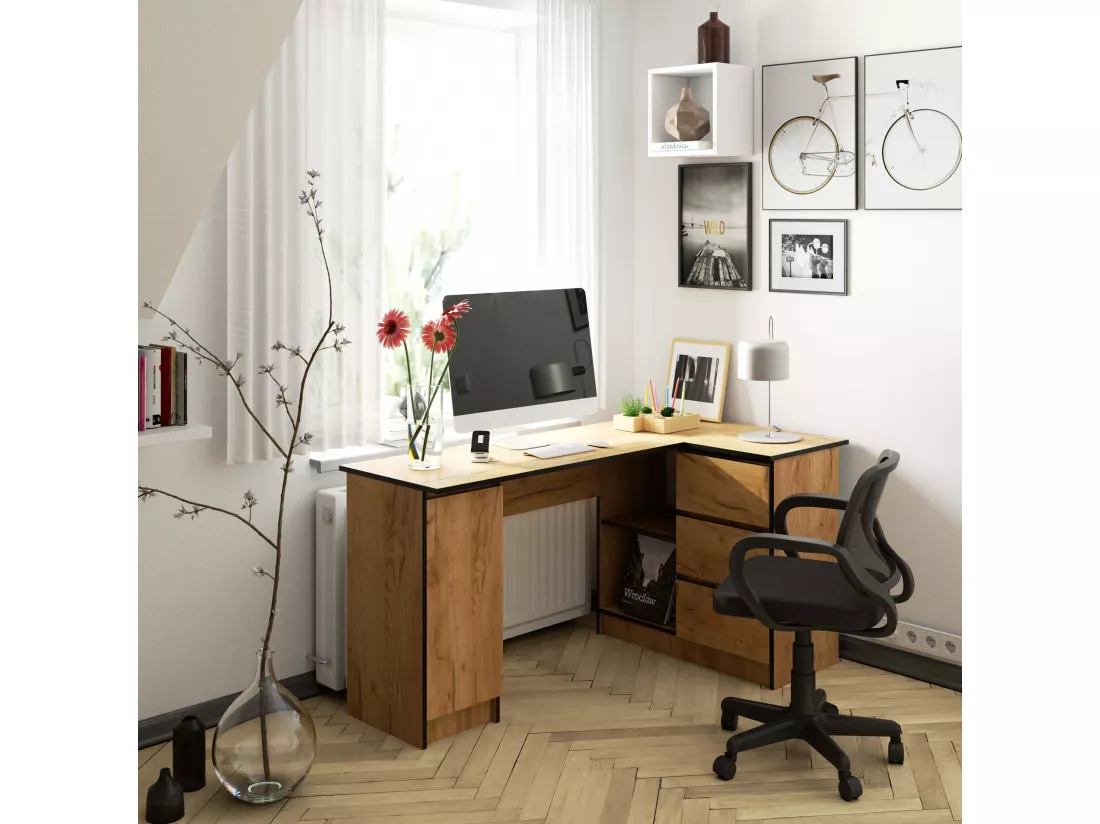 Bureau AKORD d'angle droit B20 Chêne Craft 155 cm 1 porte 3 tiroirs façade Chêne Craft 4 étagères 155x85x77 cm