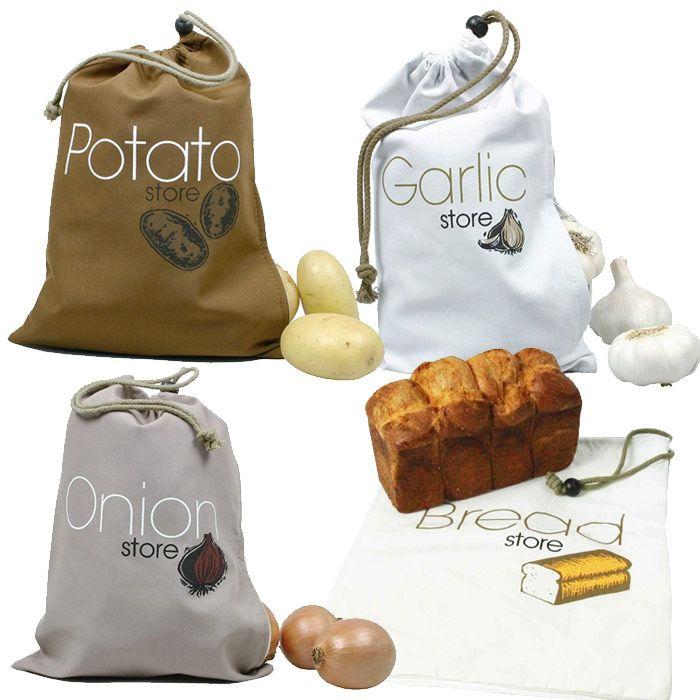 4 sacs de conservation alimentaires en tissu : ail, oignons, pommes de
