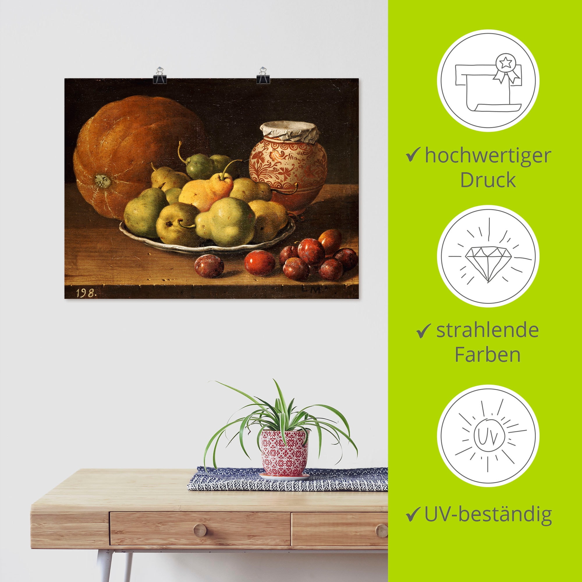 Artland Poster »Stillleben mit Birnen und Pflaumen.« Arrangements 1 Stk. tlg. als Leinwandbild, Wandaufkleber oder Poster in versch. Grössen