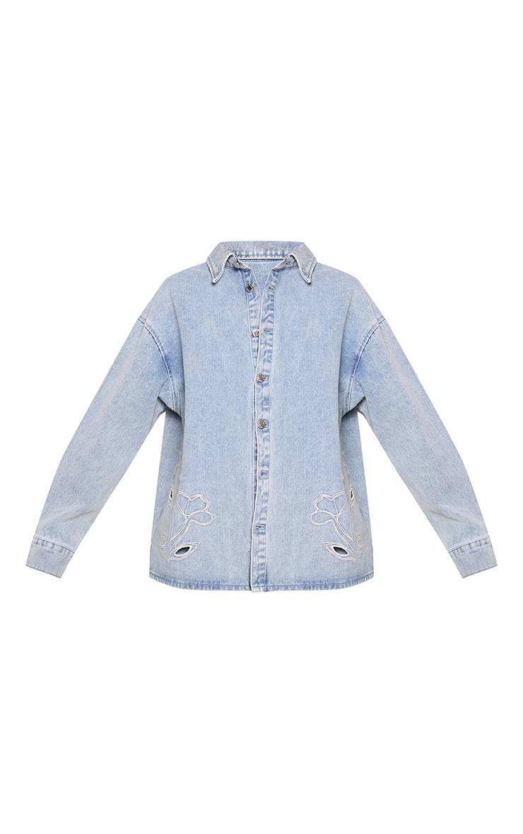 Mid Blue Wash Chemise En Denim Bleu Moyen Avec Détails Brodés
