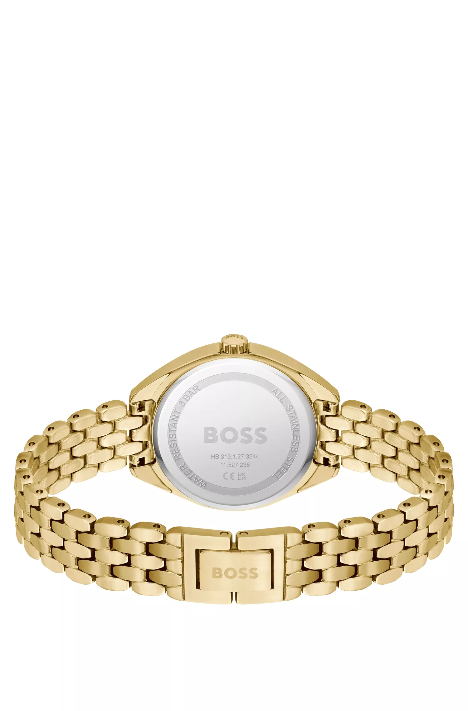 Relógio BOSS em tons de preto e dourado com mostrador branco prateado.