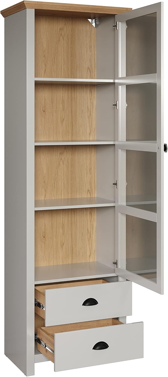 trendteam smart living - Landside - Vitrine - Hellgrau/Eiche - Standvitrine im Landhausstil - (BxHxT) 65 x 201 x 41 - elegante Knopf- und Muschelgriffe - 4 Fächer und 2 Schubladen - kratzfest