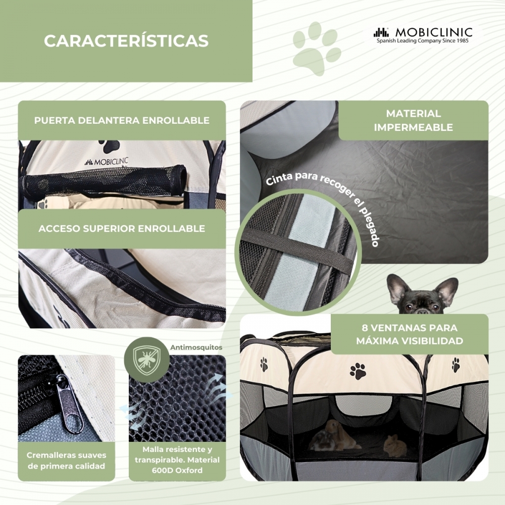 Cercado dobrável para cães, gatos e roedores | 8 janelas | 2 portas | Seguro | Cordão elástico | Cinza | Scooby | Mobiclinic