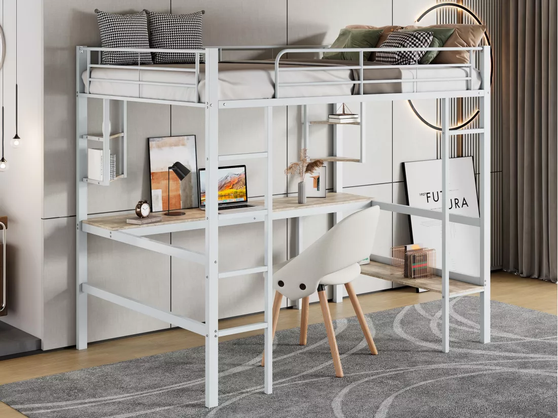 Lit mezzanine en fer - 90x200cm - avec bureau et 5 étagères - Blanc