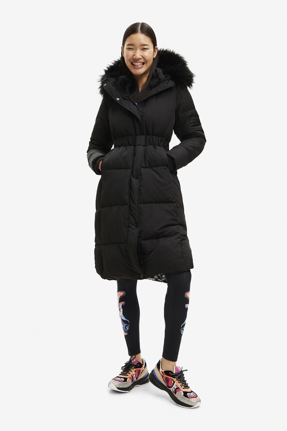 Desigual White quilted coat with fur-effect hood 2000 negro