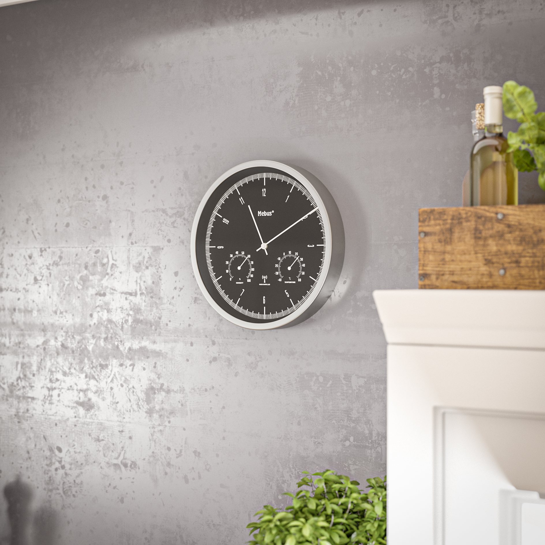MEBUS Funk-Wanduhr - silber-schwarz - Thermo-/Hygrometer - Ø 25 cm