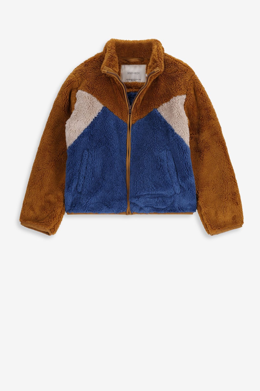 Bruine faux fur jas met colourblock