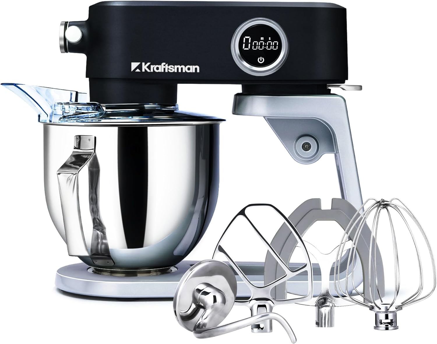 Küchenmaschine, Knetmaschine für Brotteig,Ganzmetallgehäuse,8 Stufen mit Timer,5 L Schüssel, 4 Edelstahl-Aufsätze: Flachrührer, Flexi-Rührer, Knethaken, Schneebesen & Sichtdeckel (Schwarz)