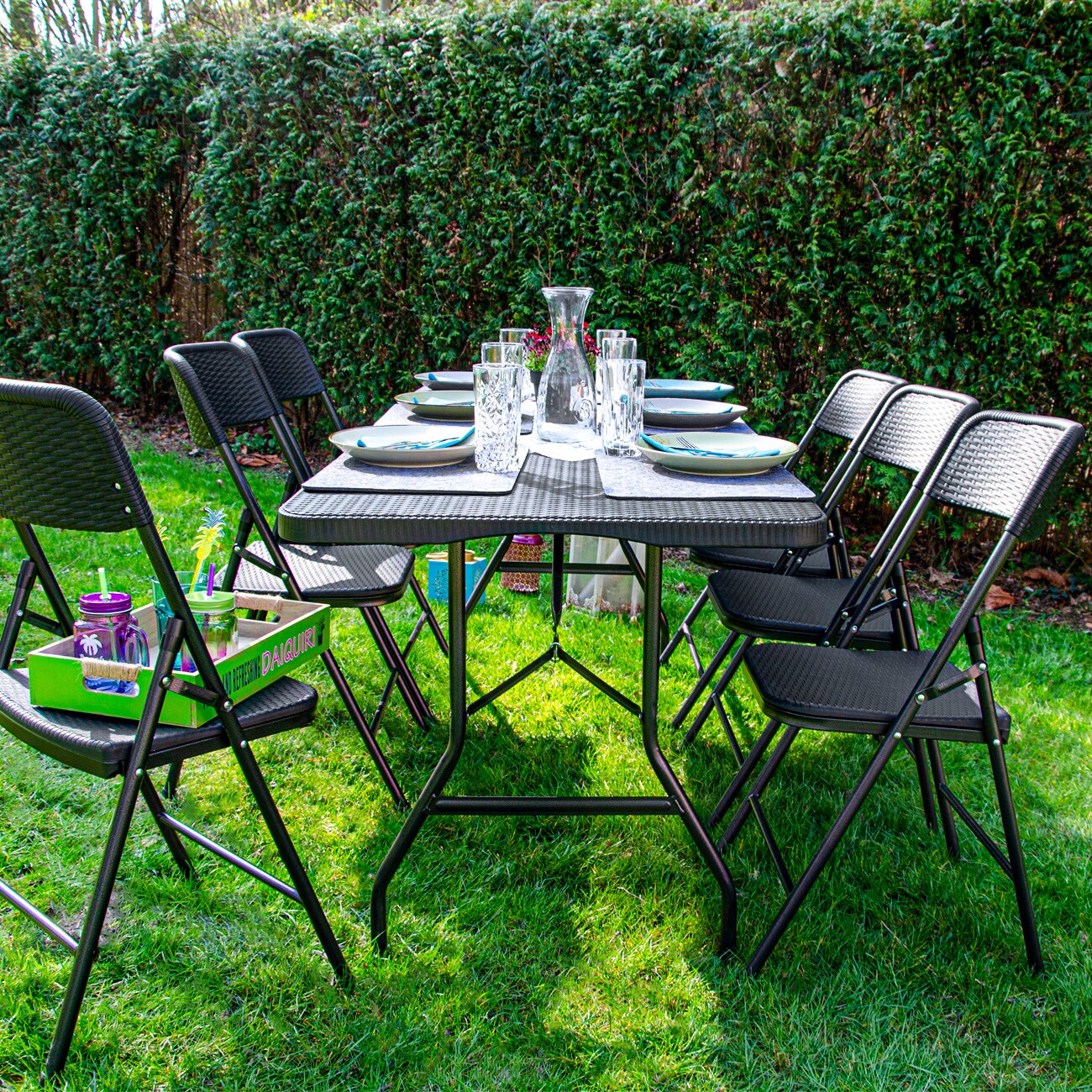 Gartenmöbel Set in Rattan Optik - 180 cm Tisch mit 6 Stühlen Sitzgruppe Klappbar