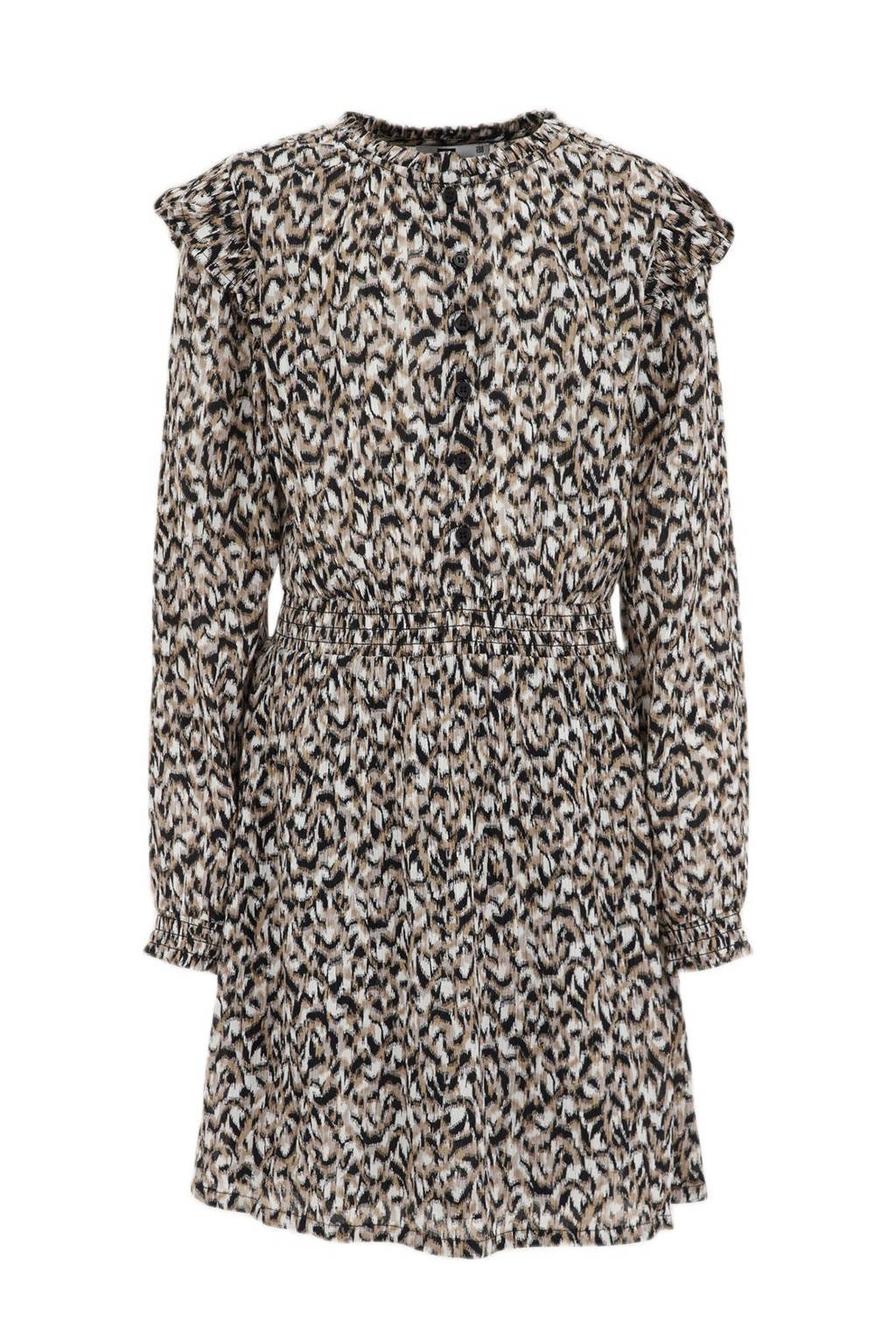 WE Fashion blousejurk met all over print en ruches beige/zand/zwart
