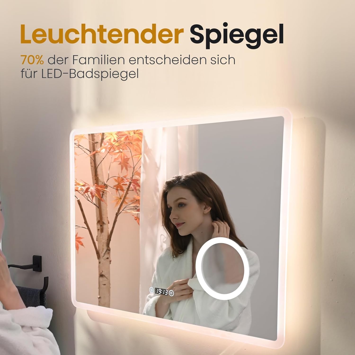 EMKE® 7 in 1 LED Badspiegel 80x60cm Badspiegel mit Beleuchtung 3000K/4000K/6500K Touch+Dimmbar+Beschlagfrei+3X Kosmetikspiegel+Digitaluhr Energiesparend IP44 Einfach Installation Badezimmerspiegel