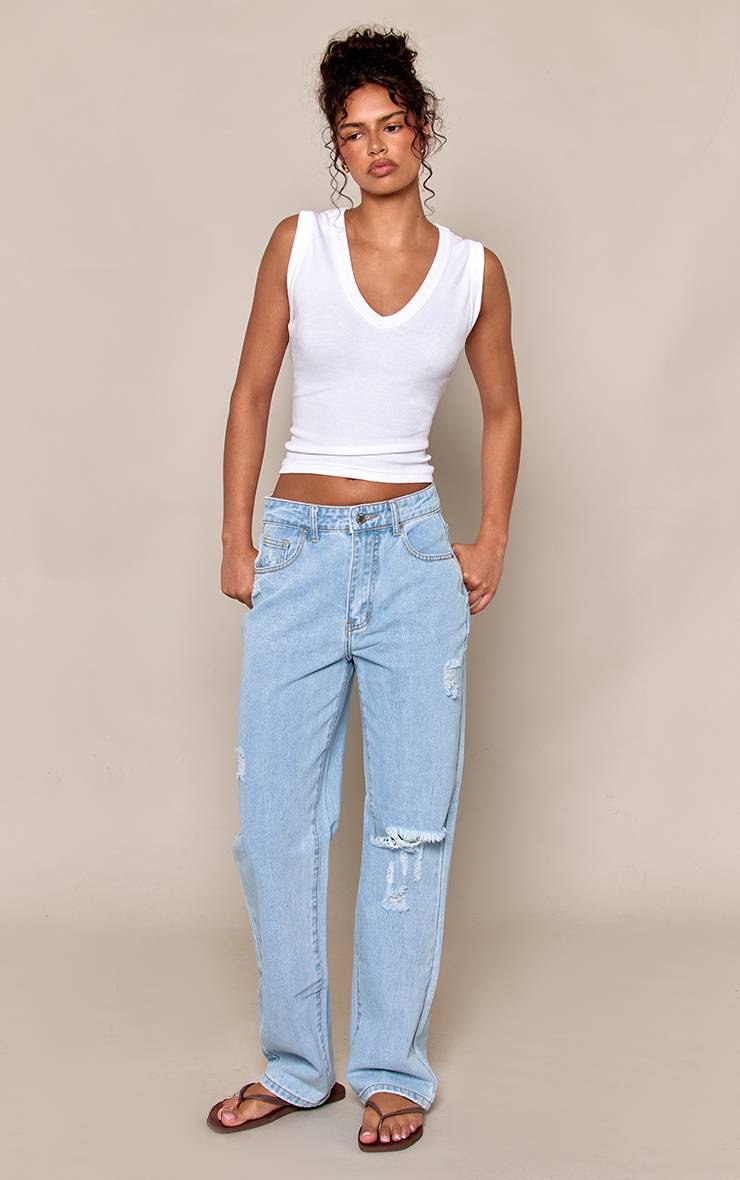 Light Blue Wash Jean Droit Taille Haute Effet Usé
